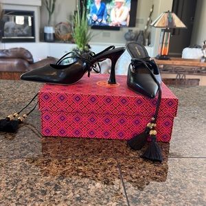 Tory Burch Black Heels with Gold Tassels